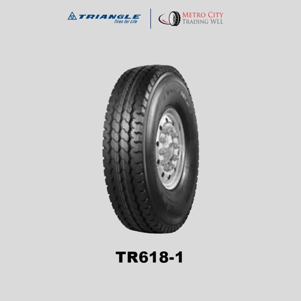 Triangle TR618-1 long haul truck tyre features zigzag rins with open shoulder design and stone ejectors under the grooves.
